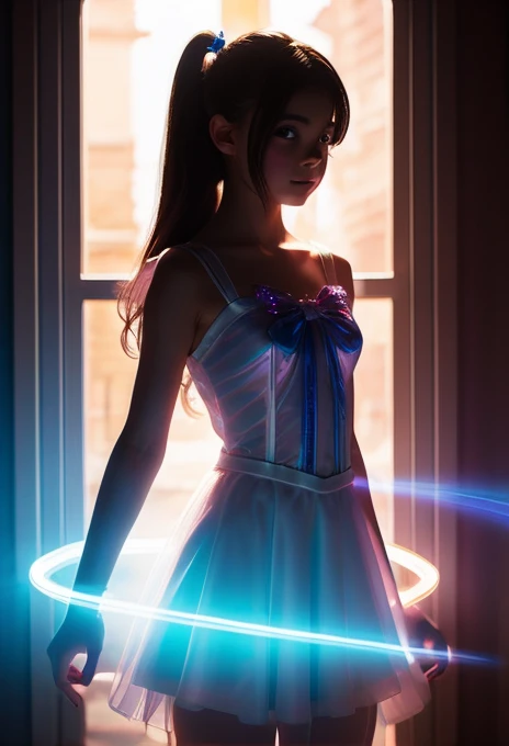 A magical girl appears from the light、Transformation effect、Thin, see-through clothing、Wide-angle shot, Sparkle Effect, Concept Art, reflected light, 