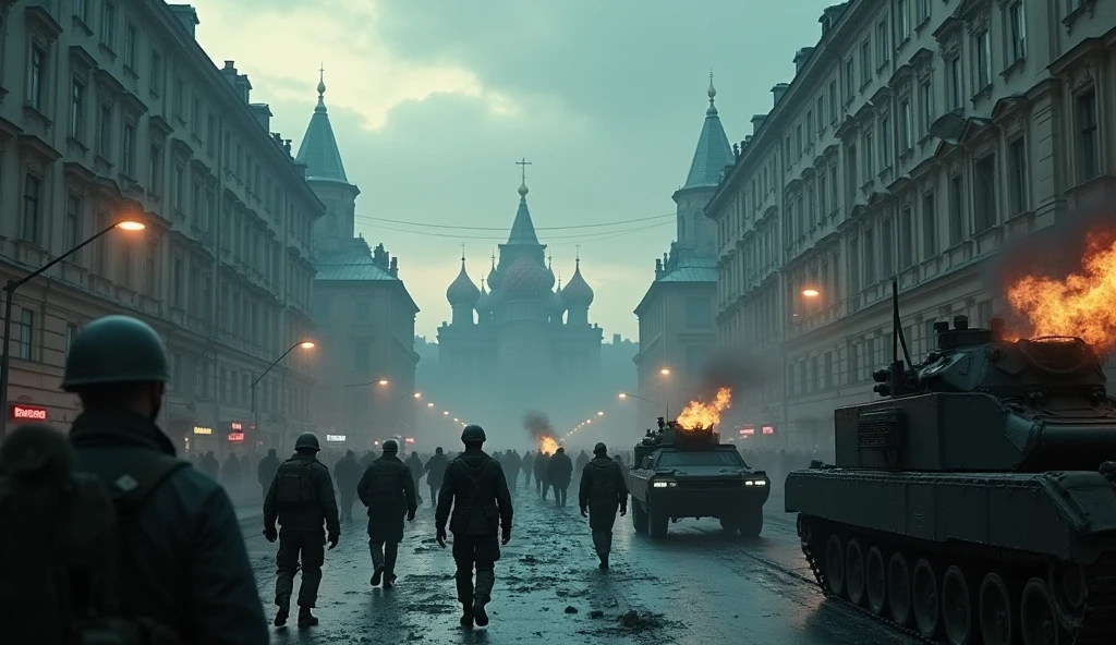 1802 city of moscow in chaos,soldiers marching in the streets,dystopian cityscape,dark cloudy sky,ominous lighting,gritty urban environment,military vehicles,armored tanks,barricades,chaos and destruction,highly detailed,cinematic composition,muted color palette,dramatic atmosphere,realistic rendering,award winning photograph