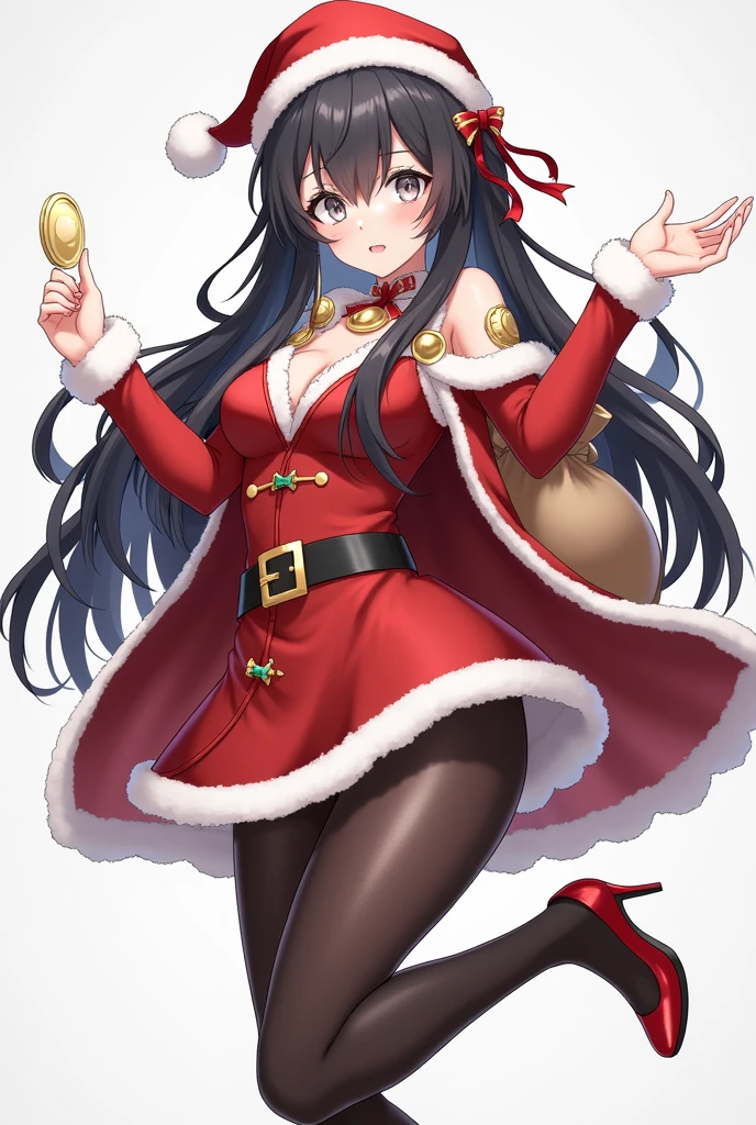 masterpiece, best quality, 1girl, hat, breasts, solo, pantyhose, long hair, mona (genshin impact), twintails, black hair, looking at viewer, santa hat, leotard, gloves, medium breasts, sack, swimsuit, christmas, black pantyhose, coin, high heels, covered navel, bell, red footwear, holding, cape, bangs, bikini, elbow gloves, red headwear, closed mouth, holding sack, hair ornament, thighlet, red leotard, fur trim, very long hair, blush, star (symbol), red gloves, thighs, gold trim, red cape, hat ornament, detached sleeves, ribbon, grey eyes, red bikini, alternate costume, thigh strap, santa costume, v-shaped eyebrows, black eyes, arms up, leg up, santa bikini, highleg, floating hair, underboob, bare shoulders, bodystocking, standing on one leg
