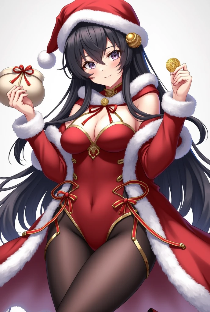 masterpiece, best quality, 1girl, hat, breasts, solo, pantyhose, long hair, mona (genshin impact), twintails, black hair, looking at viewer, santa hat, leotard, gloves, medium breasts, sack, swimsuit, christmas, black pantyhose, coin, high heels, covered navel, bell, red footwear, holding, cape, bangs, bikini, elbow gloves, red headwear, closed mouth, holding sack, hair ornament, thighlet, red leotard, fur trim, very long hair, blush, star (symbol), red gloves, thighs, gold trim, red cape, hat ornament, detached sleeves, ribbon, grey eyes, red bikini, alternate costume, thigh strap, santa costume, v-shaped eyebrows, black eyes, arms up, leg up, santa bikini, highleg, floating hair, underboob, bare shoulders, bodystocking, standing on one leg
