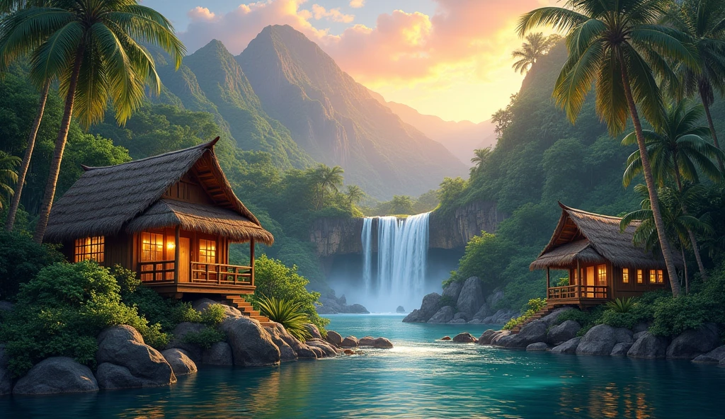 A serene tropical paradise with two small wooden houses nestled amongst lush green foliage, a cascading waterfall flowing into a crystal-clear river, and the sun setting behind a mountain range, creating a warm and inviting atmosphere.  [Digital Painting, Realistic, Photorealistic], [Inspired by the work of Thomas Kinkade], [Warm color palette, soft lighting, focus on the waterfall and the river, detailed textures, smooth transitions, a sense of peace and tranquility]