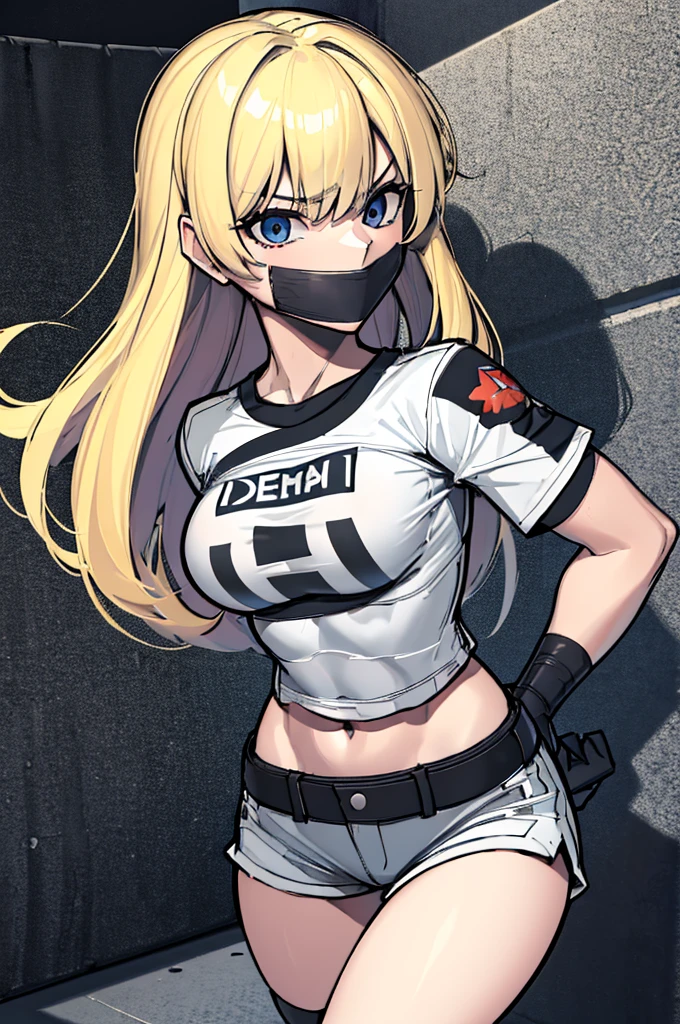 (absurdres, 8k, 4k, masterpiece, hyper extreme detailed:1.2), solo, 1girl, front view, perfect face, 1girl, portrait, expressive eyes, solo, standing, Female, toned body, mature female, medium breasts, pale, platinum blonde hair, dark blue eyes, swept bangs, athletic body, Shorts, purple ribbon, messy hair, smile, happy, heroic, perfect anatomy, wild hair, friendly, heroism, platinum blonde hair, facial scars, streetwear, graphic t-shirt, medium length hair, streetwear, swept bangs, muscular, toned body, abs, side bangs, right bangs, graphic t-shirt, blonde hair, tape gag