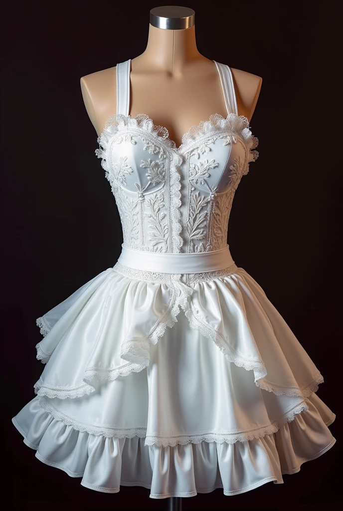 Create an image of a short apron design, white, with ruffles and lace for a drag queen