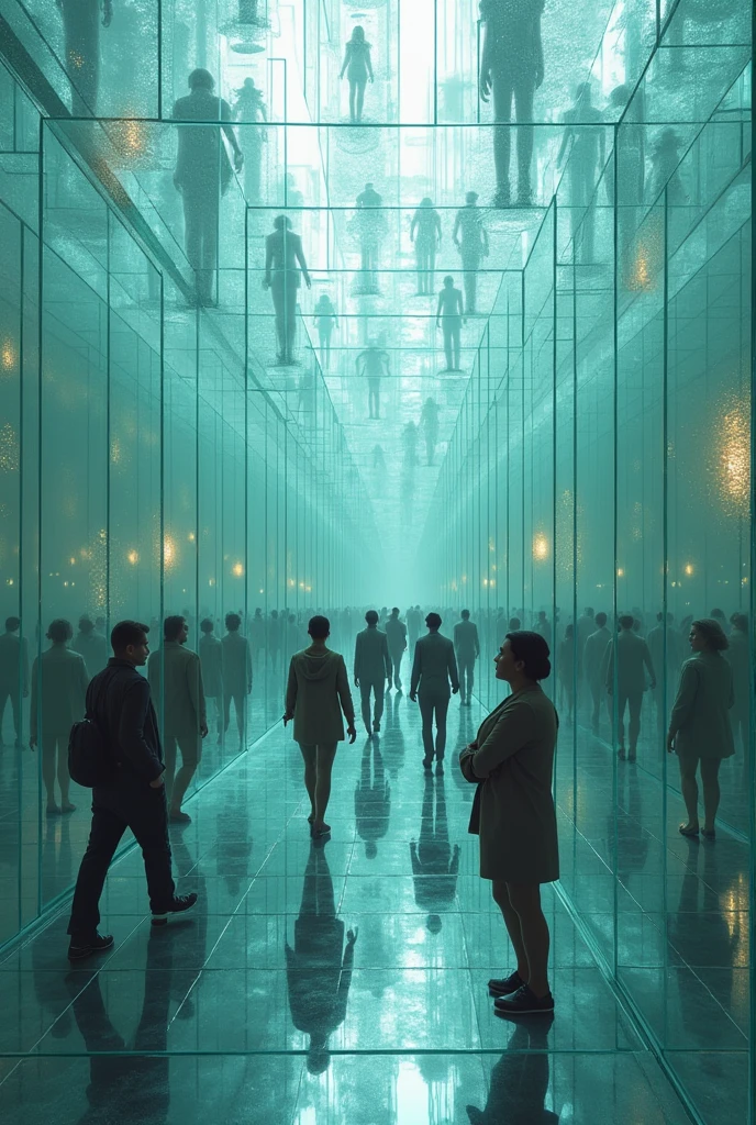 Make me a glass maze and some men and women inside it look like there are many because of the reflection from the glass.