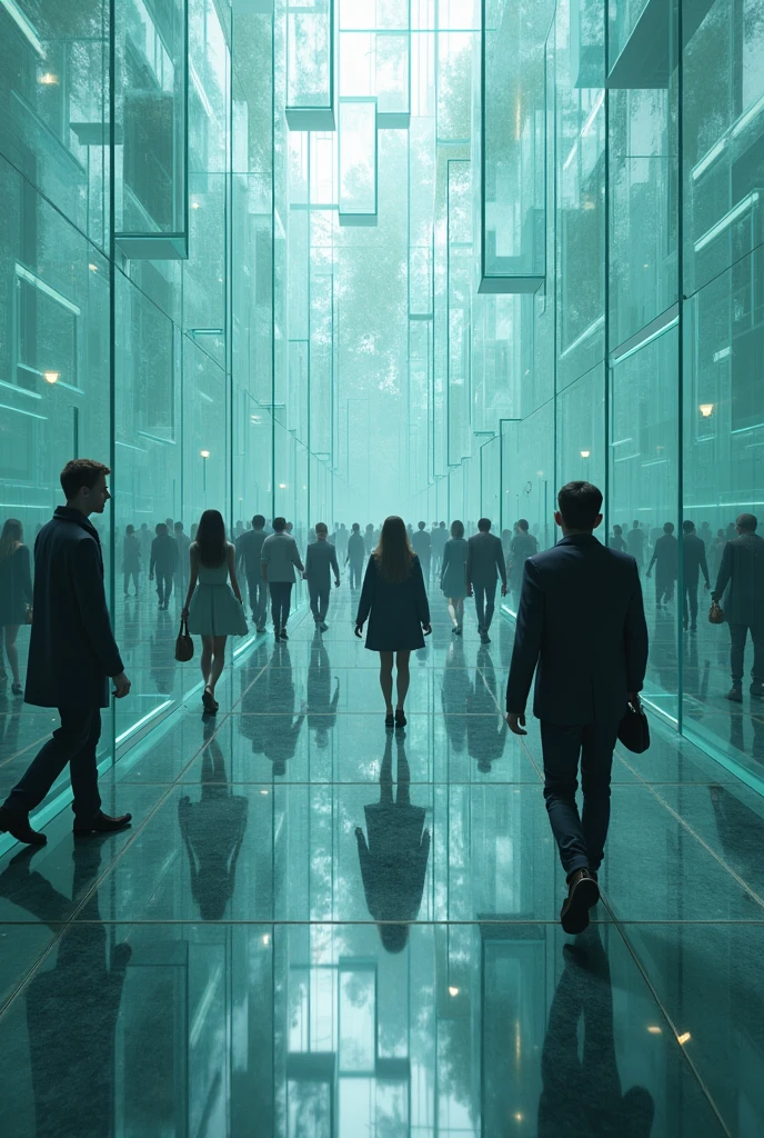 Make me a glass maze and some men and women inside it look like there are many because of the reflection from the glass.