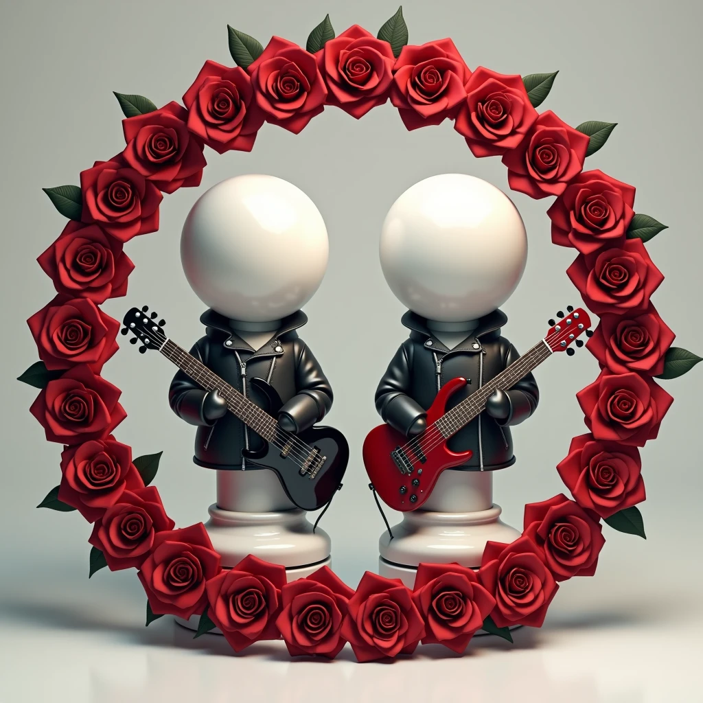 Create two characters that are chess pawns wearing a leather jacket and holding an electric guitar.. The head should be spherical without eyes similar to a real chess pawn and without legs like the base of a real chess pawn.. The base, head and hands should be white.... Surround the characters with a circular garland of red roses like the logo of the band Guns'n Roses