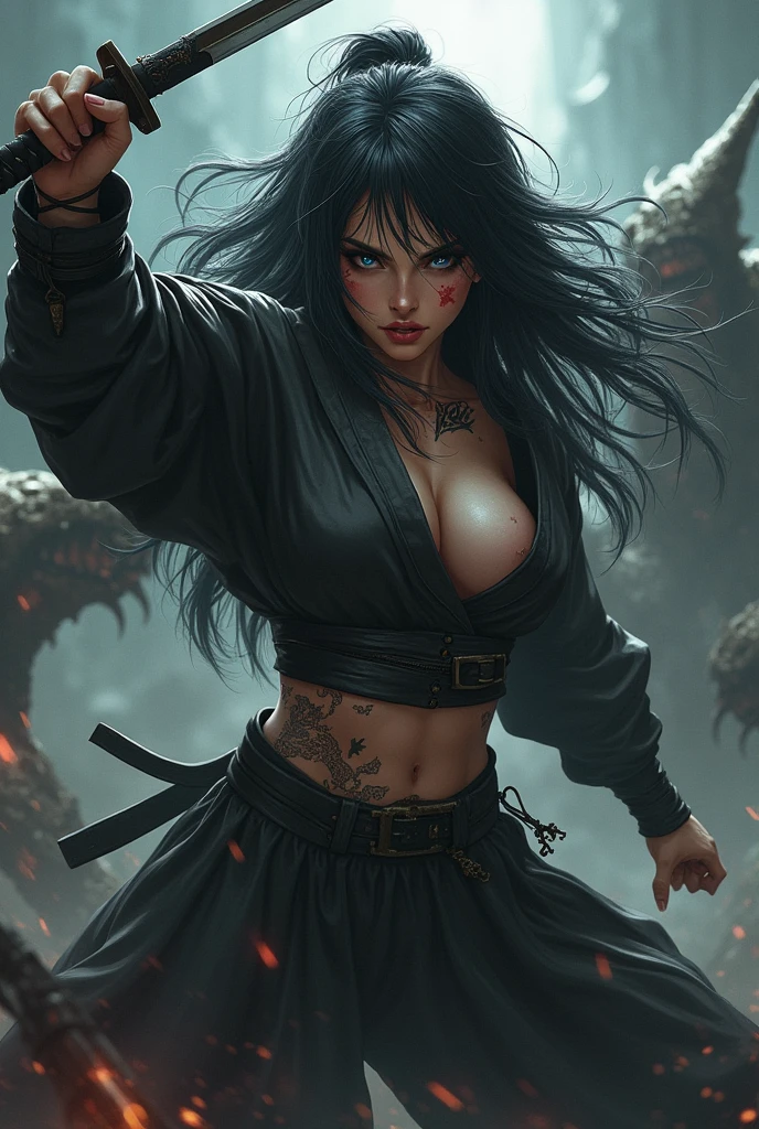 Woman with long black hair, white skin color and blue eyes, she is tattooed, she is wearing a well behaved black fighting outfit. She's all bruised and bleeding. She is fighting scary monsters, she has a katana