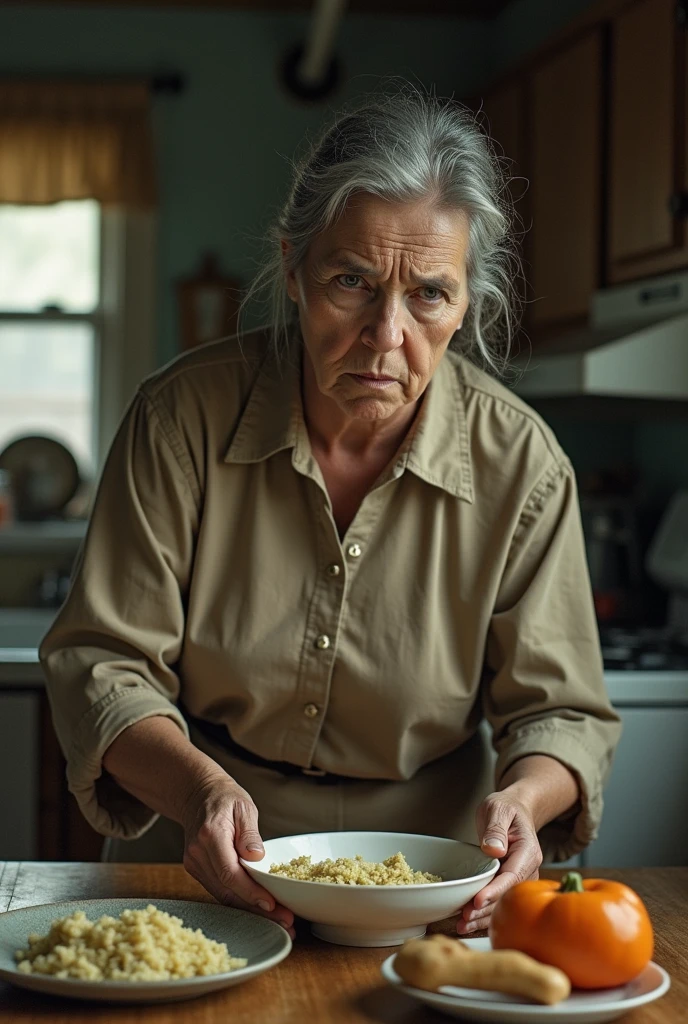 70s woman with a worried and tired look, preparing a meal in a rudimentary kitchen. Show concern about lack of food.”