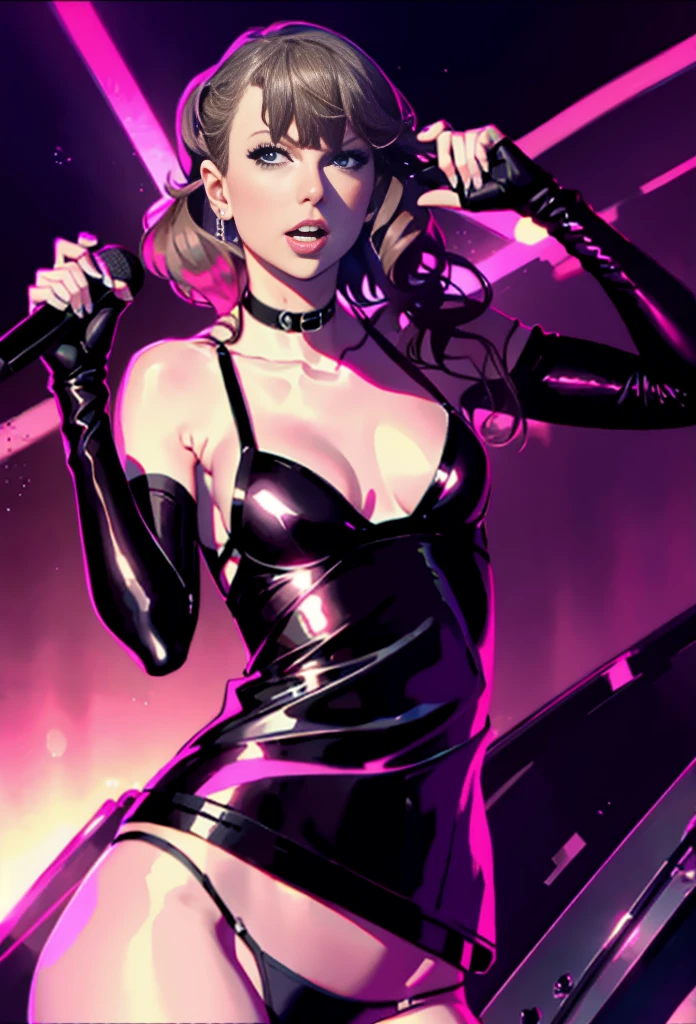 Taylor Swift singing on stage, with sexy black clothes.