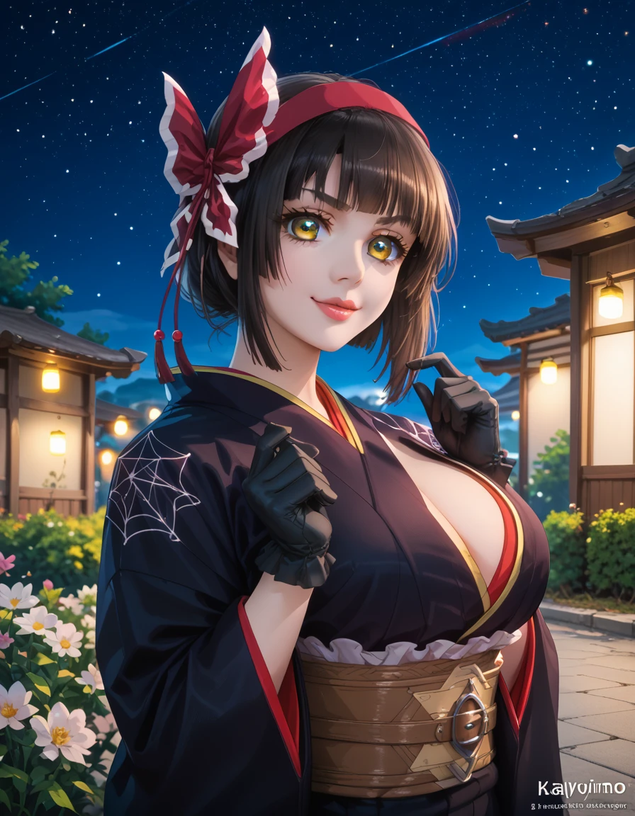 Score_PnyReal,BREAK,1girl, solo, (huge breasts,large breasts:1.2),long eyelashes,thick_lips,(PDXL2:1.5), headband,kimono,obi,gloves ,tsukimio,yellow eyes,black hair,1girl in full growth, outside,city,midnight,cloudy,(starry night:1.1),lights,cherry_blossoms,flowers, grass, plants,summer season,looking at viewer, from above,,v-shaped eyebrows, light smile,