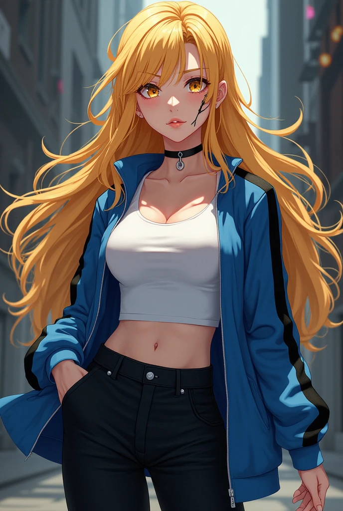 anime oc, woman with long, loose golden hair, honey-colored eyes, cut scar on her left eye, black pants, white tank top and blue jacket with black stripes from the sleeve to the shoulder
