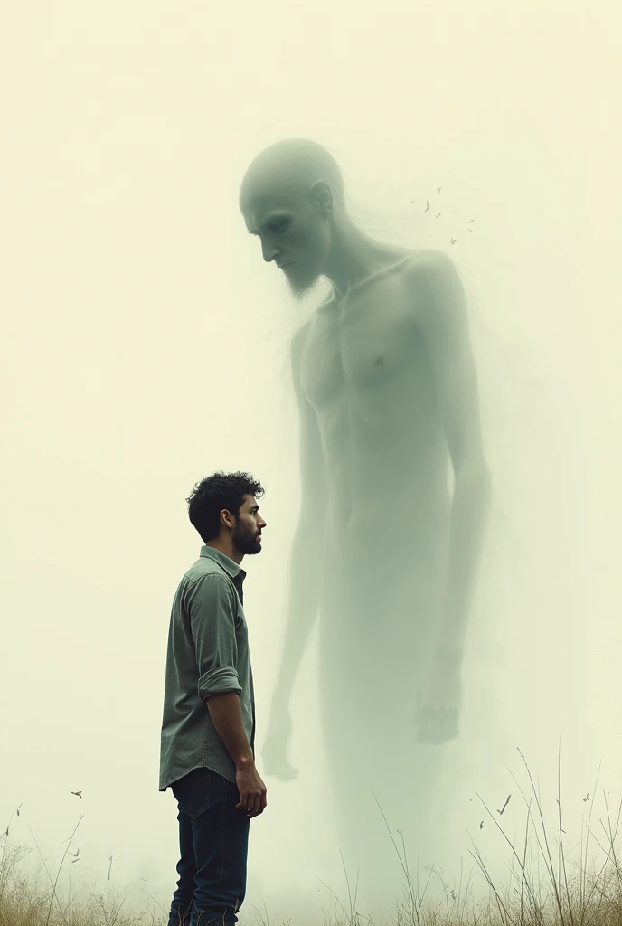 Make a surrealist work with a man and a spirit coming out of it, scared but minimalist
