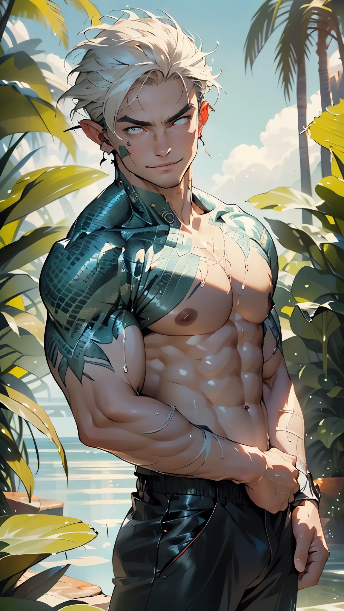 (hyper-realistic digital illustration), hires, best quality, boy wearing micro thong, full mast, erect bulge, see-through thong , underwater world, wide angle, swimming, athletic body, male, iridescent skin, flat chest, silver eyes, green hair styled in spikes, determined expression, bioluminescent lighting, small waist, broad chest, big mane, slim scruffy, muscular , illustration, watercolor ink sketch, (best quality)), intricate detailed,
