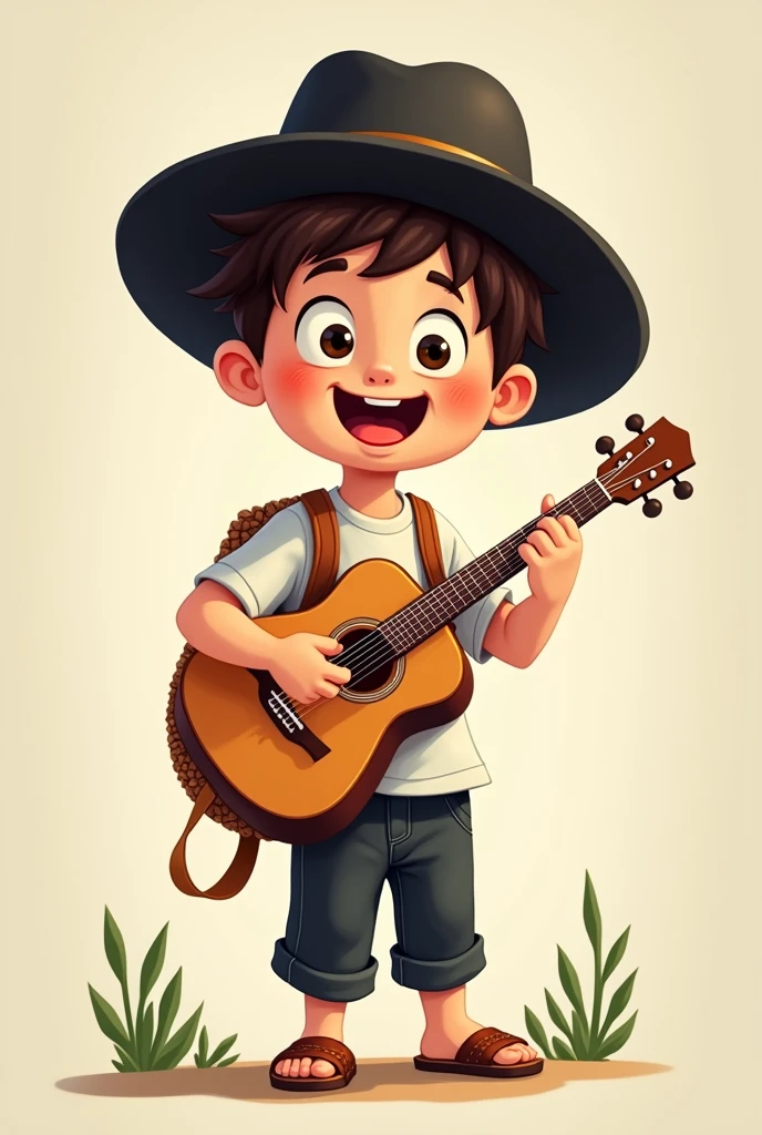 Cartoon of a boy with a fancy black hat, with a woven backpack in one go, White shirt, black cloth pants and leather sandals . With his guitar in his hands singing
