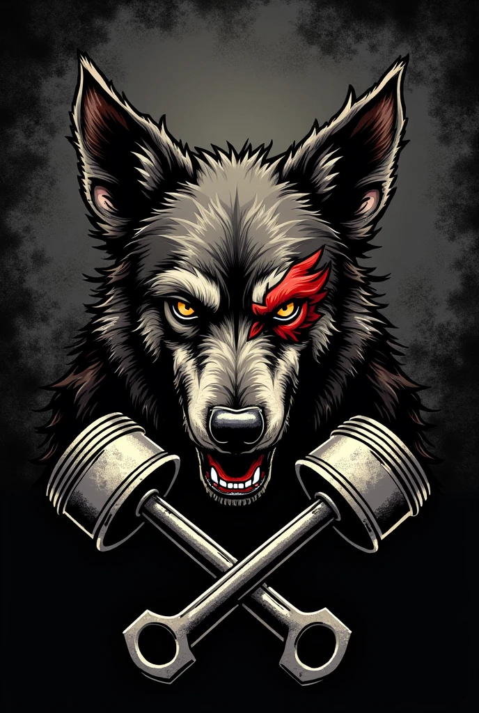 I need a motorcycle club crest with an angry stray dog in the center, with a scar on his left eye with small wings coming out from behind it and two crossed pistons at the bottom