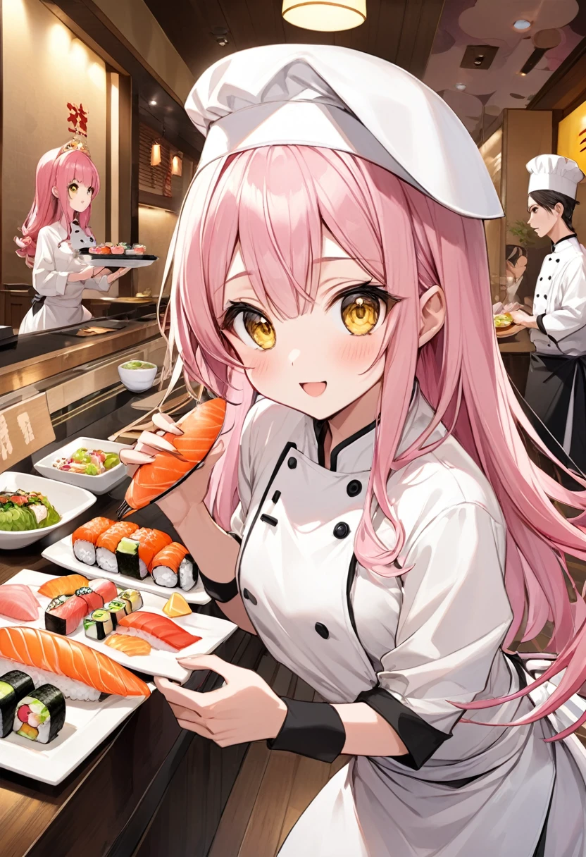 cute、Princess、young、Yellow Eyes、Pink Hair、Super Long Style、Half Twin、Sushi restaurant、Chef's costume、smile、Red cheeks、stage、Idol、Small breasts、Negitoro、Tulips、spouse、necklace、ring、Healing、daily