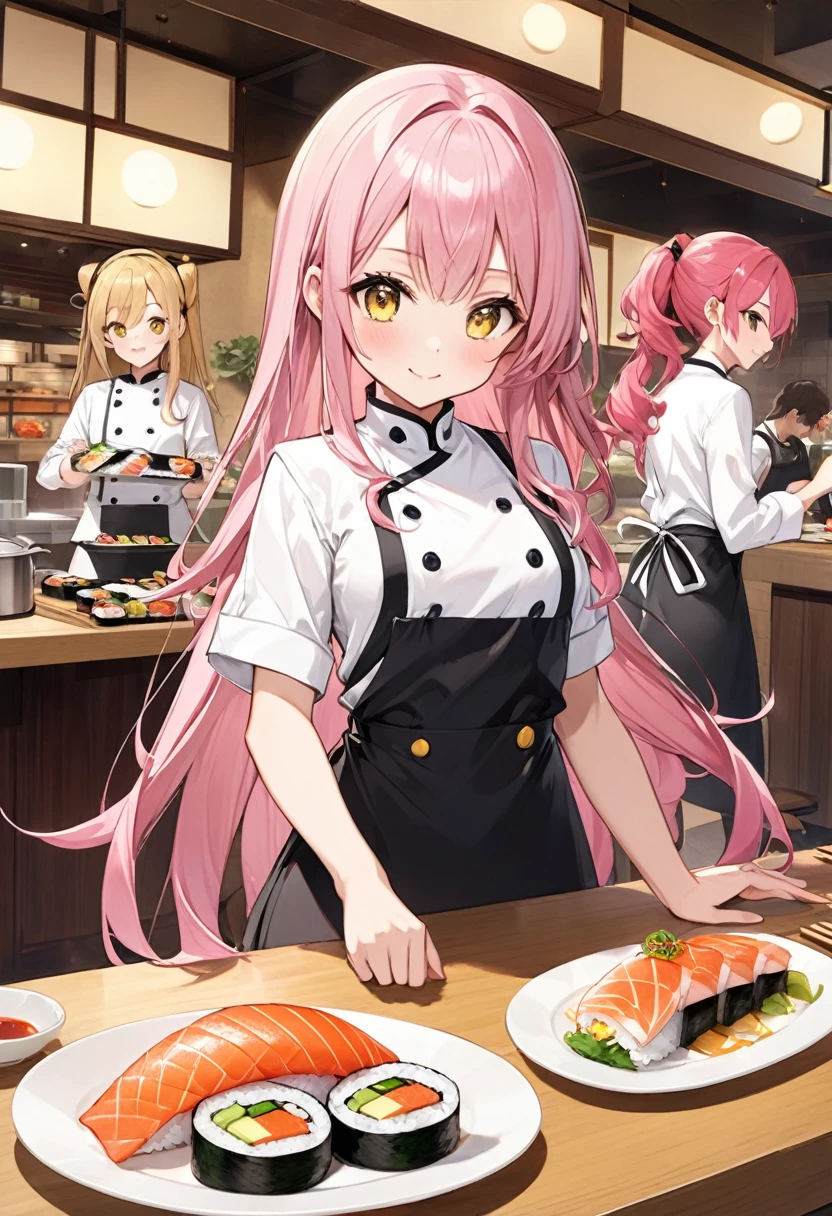cute、Princess、young、Yellow Eyes、Pink Hair、Super Long Style、Half Twin、Sushi restaurant、Chef&#39;s costume、smile、Red cheeks、stage、Idol、Small breasts、Negitoro、Tulips、spouse、necklace、ring、Healing、daily