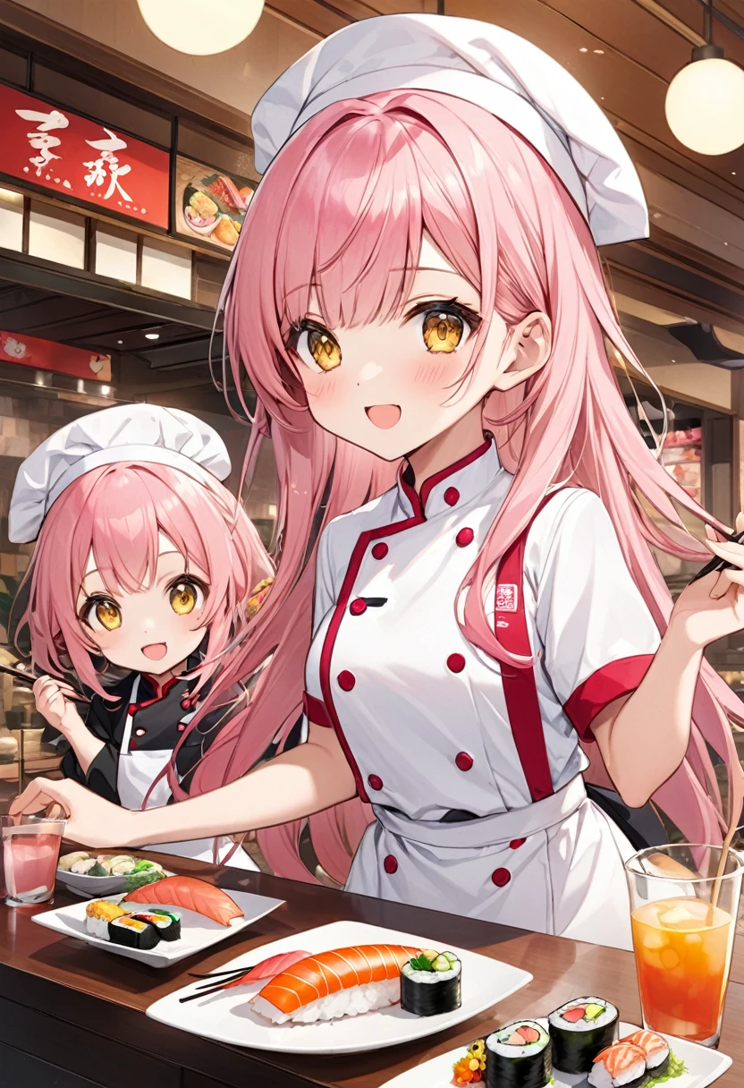 cute、Princess、young、Yellow Eyes、Pink Hair、Super Long Style、Half Twin、Sushi restaurant、Chef's costume、smile、Red cheeks、stage、Idol、Small breasts、Negitoro、Tulips、spouse、necklace、ring、Healing、daily