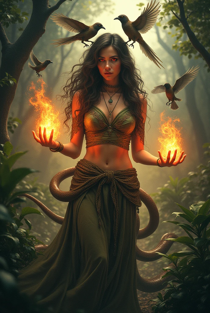 Generate a woman that has red eyes, mytical flame coming out of her hand and is surrounded by animals, snake going around her, birds on her head talking to them in the forest