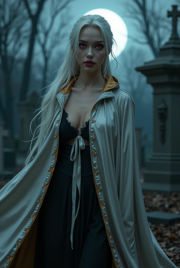 Vampyfangs1, (RAW Photo) , (highly detailed:1.20) , ultra realistic :1.10) ,sexy girl in her 20s , (perfect face:1.20) , (detailed red eyes:1.20) , with long silver hair in ponytail , (((long silver and gold lined satin cape tied at the neck with a ribbon :1.20))) , naked , full body, standing a moonlit graveyard, high-quality ultra realistic style, detailed eyes, professional, expressive , 8K , highly detailed , professional,