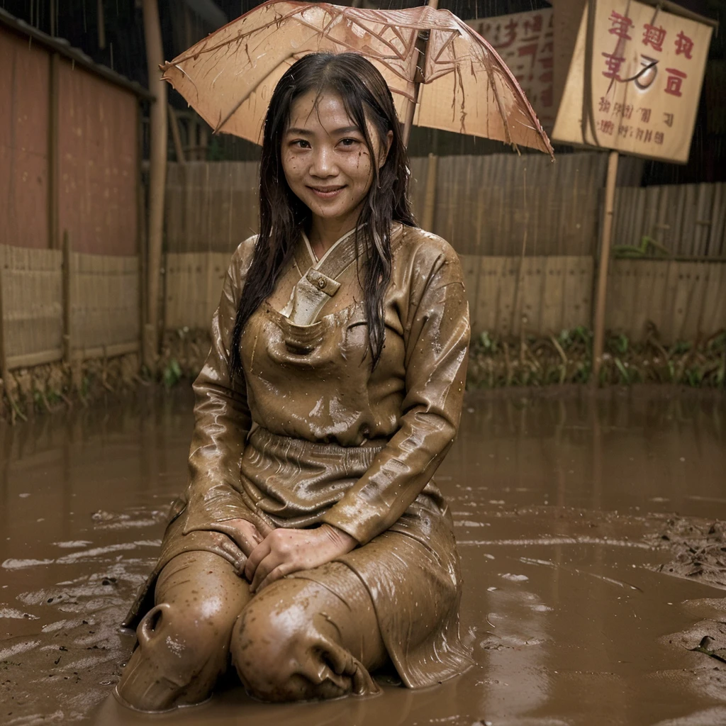 a woman that is sitting in the mud, anime thai girl, 2019 trending photo, dirty face, japanesse farmer, it is night and raining, with a orientalist smileful face, sexy girl, chinese dress, underwear ad, farmville, ancient photograph, cute adorable, sludgy, hoang lap, unknown, plains, bad print