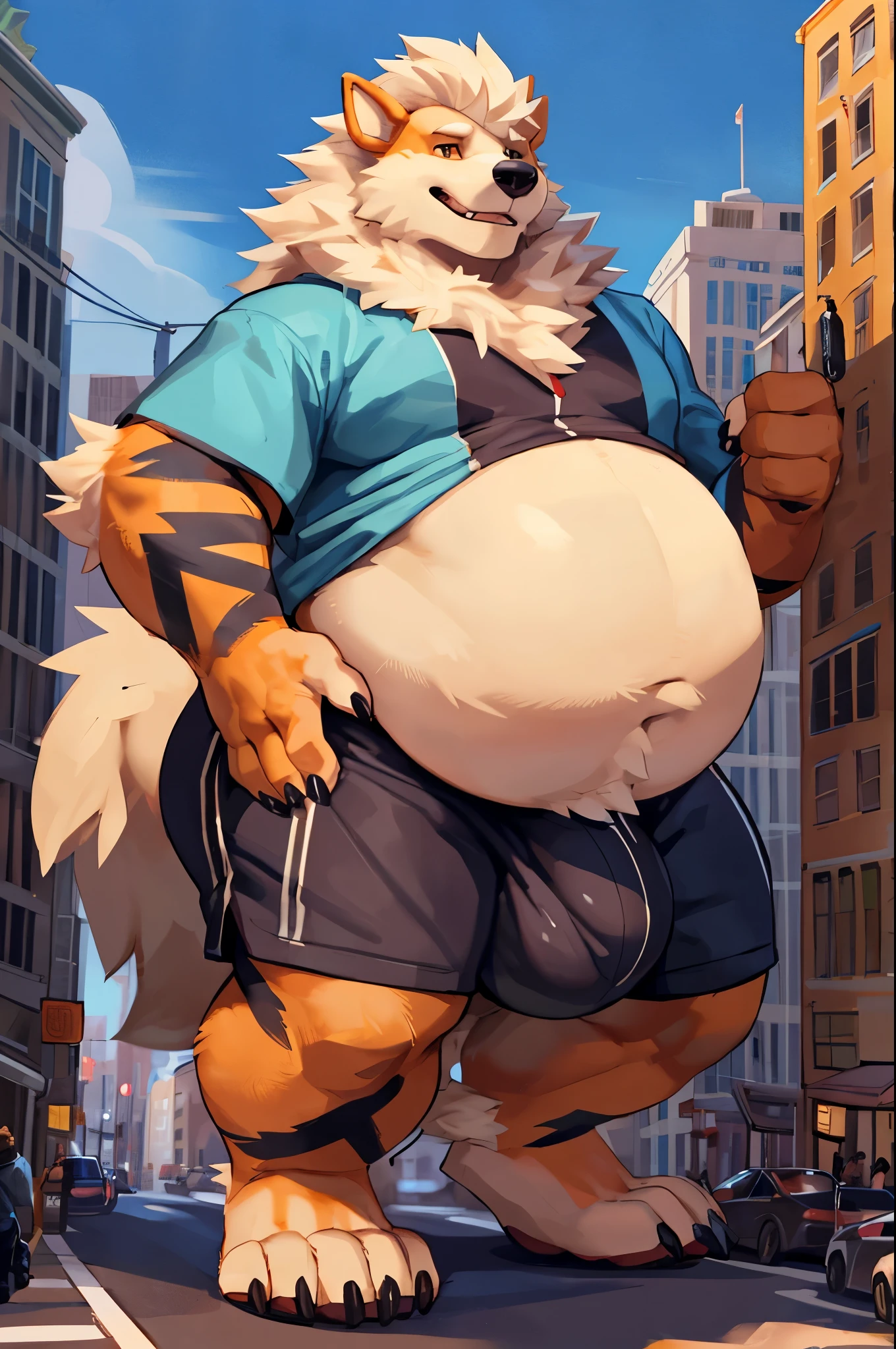 4k ultra quality, 4k half body view,ultra high detailed body,feral (arcanine),wide body,charming body,chubby body,chubby face,shiny fur, big belly, (round belly), hyper belly, enormous belly, enormous body,by mystikfox61, by glitter trap boy, by bebebebebe,by morethreedee, by seibear,(thick thigh),(chubby thigh),thicc thigh,thick legs,chubby legs,thicc legs,enomorous thigh,massive thigh,massive legs,(detailed thigh),(wide thigh),thick butt,sharp nails,(detailed face),bloated belly,enomorous thigh,detailed paws,thick paws,chubby paws,(loose shirt),feral legs,(loose shorts),tight bulge,tired,fat
,in a city,(macro),ultra bigger penis,thick penis,long penis,(detailed bulge),standing among high-rise buildings, among crowd,((hyper penis, hyper balls, huge penis, huge balls, huge chode)),(embarrassed face),side view