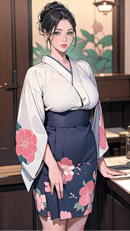 1，Japanese hairstyle，Photorealism，detailed，masterpiece，mature，((full))， (Broad shoulders), ((Huge))，Plus size mature women，expensive，30 years old，Pretty face, (Plump woman)，Beautiful long-sleeved kimono，kimono，Hold your chest with both hands:1，high quality，Are standing，High Resolution 4K Information,Kyoto,
