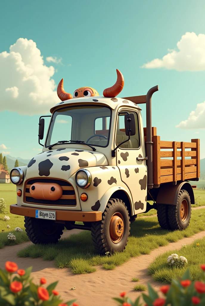 A truck with a cow design