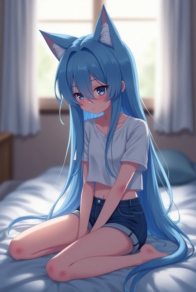 Catgitl,In a room, blue long hair, wearing a white crop top, shorts jeans curto, sitting on the bed, Grieving