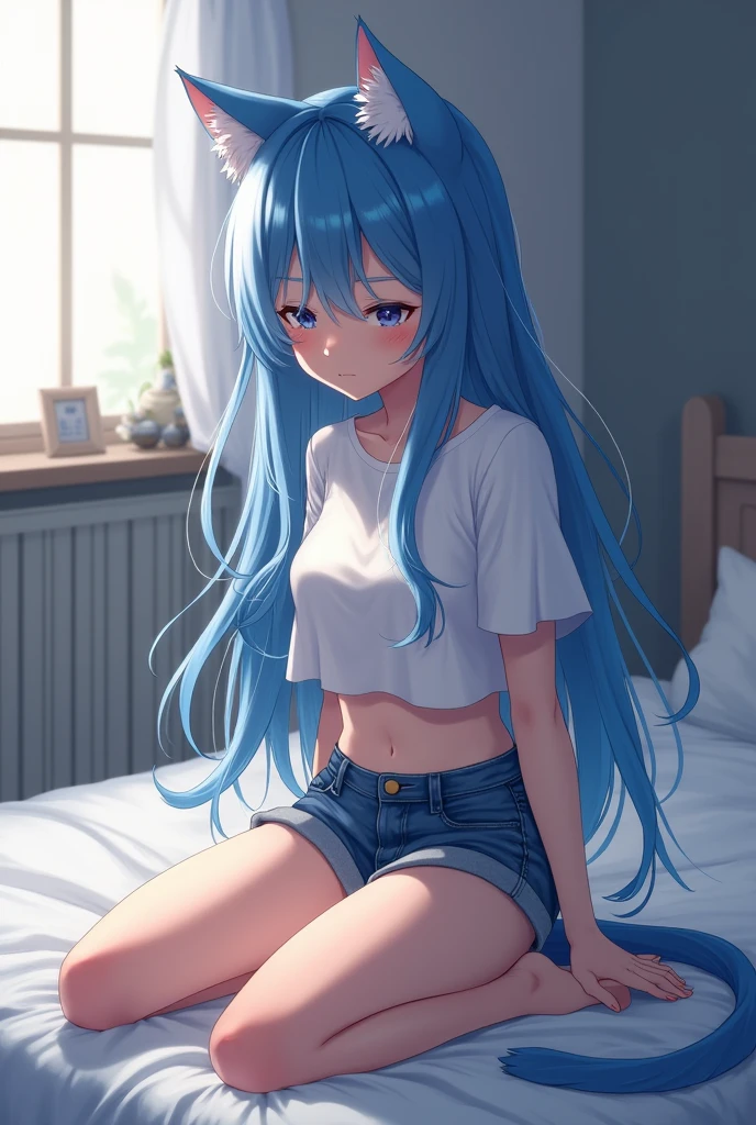 Catgitl,In a room, blue long hair, wearing a white crop top, shorts jeans curto, sitting on the bed, Grieving