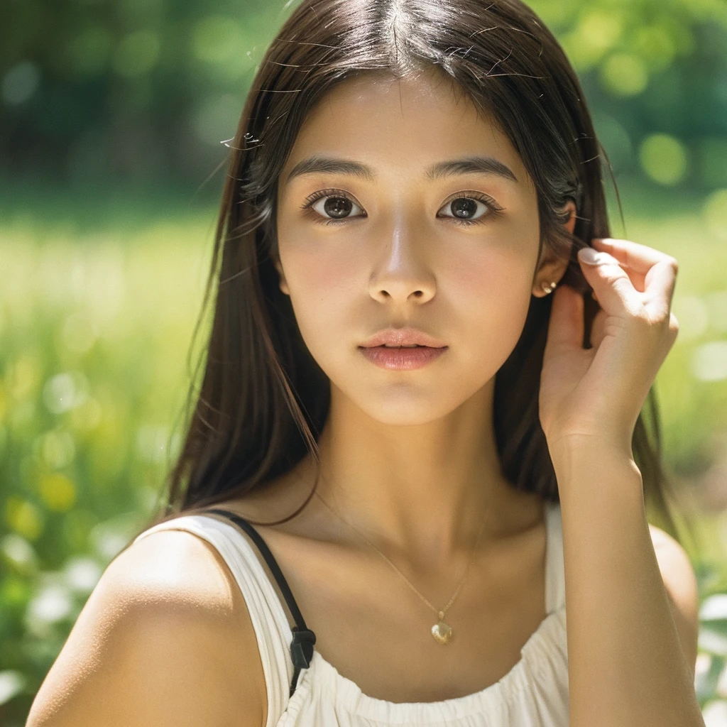 A hyper-realistic close-up image of a single Japanese woman in her early 20s, captured with the nostalgic warmth and subtle graininess of a film camera, focusing on her face and shoulders. Her skin has a warm beige tone with a natural, slightly rough texture that includes visible pores, fine lines, and subtle imperfections such as small blemishes, adding to the authenticity of her appearance. The soft, diffused natural light typical of a sunny summer day casts gentle, warm shadows on her face, enhancing the film-like quality while maintaining the realistic texture of her skin. Her straight, glossy black hair is slightly tousled by a gentle summer breeze, framing her face naturally. She is wearing a light, summery outfit, perhaps with straps visible at the shoulders, that complements her natural beauty and suits the warm weather. The film camera effect introduces a slight grain and a softer focus, giving the image a warm, nostalgic atmosphere while preserving the realism of her skin and features. The overall composition captures the serene and effortless elegance of a summer day, with the focus on the realistic texture of her skin and the timeless quality of the film camera aesthetic.