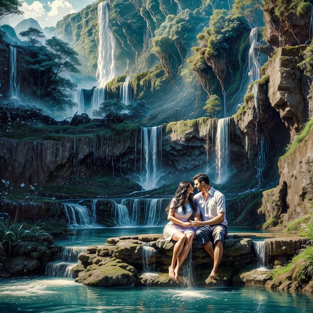 there is a man and woman sitting in a river with a waterfall in the background, with a waterfalls, stream of love and happiness, waterfall backdrop, next to a waterfall, with waterfalls, overflowing, waterfalls in the background, lovely couple, under a waterfall, under waterfall, romantic couple, fanart, waterfall in the background, couple pose, with waterfalls and river