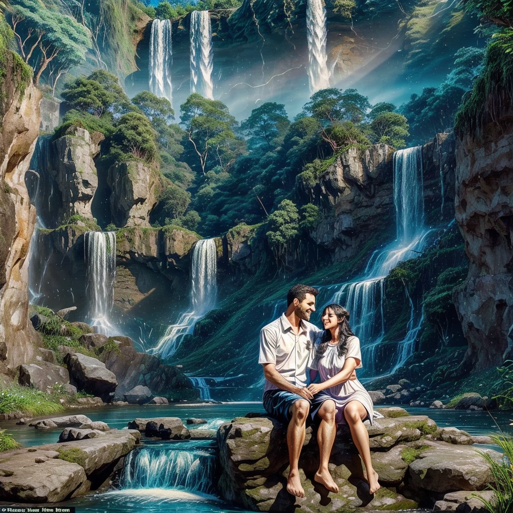 there is a man and woman sitting in a river with a waterfall in the background, with a waterfalls, stream of love and happiness, waterfall backdrop, next to a waterfall, with waterfalls, overflowing, waterfalls in the background, lovely couple, under a waterfall, under waterfall, romantic couple, fanart, waterfall in the background, couple pose, with waterfalls and river