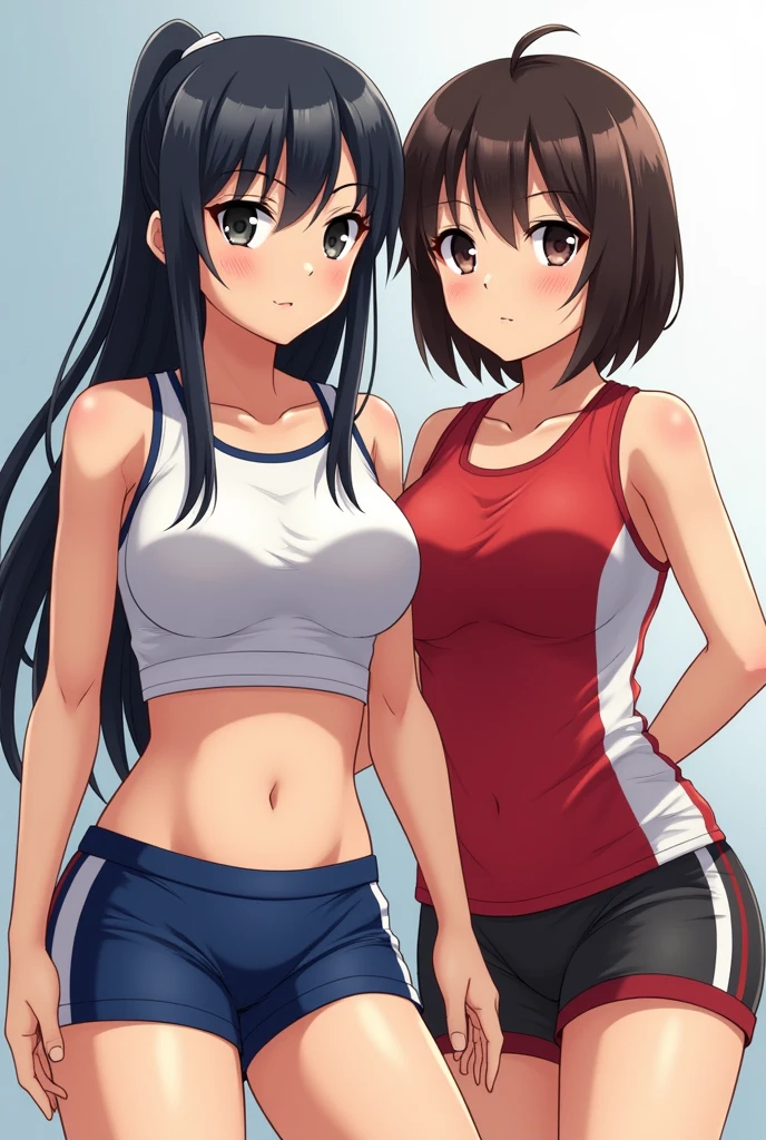 two Japanese girls, track and field uniforms, huge breasts, thick thighs, sweaty