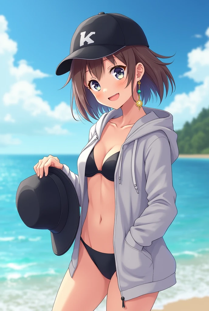 Actress Kyoko Fukada looks like　Smiling face wearing a hoodie over a bikini、Black cap、Earrings、Holding hat in hand、Summer Sea
