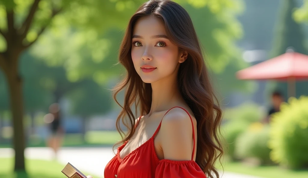 "A highly detailed young woman with a heart-shaped face, olive skin, green eyes, and long wavy brown hair. She is around 2, with a gentle smile. The person is wearing a red summer dress and is standing with one hand on her hip while holding a book in the other. The background is a bright, sunny park. Photorealistic style, with a focus on maintaining the facial features consistent across different images. Use seed 12345 for consistency."
