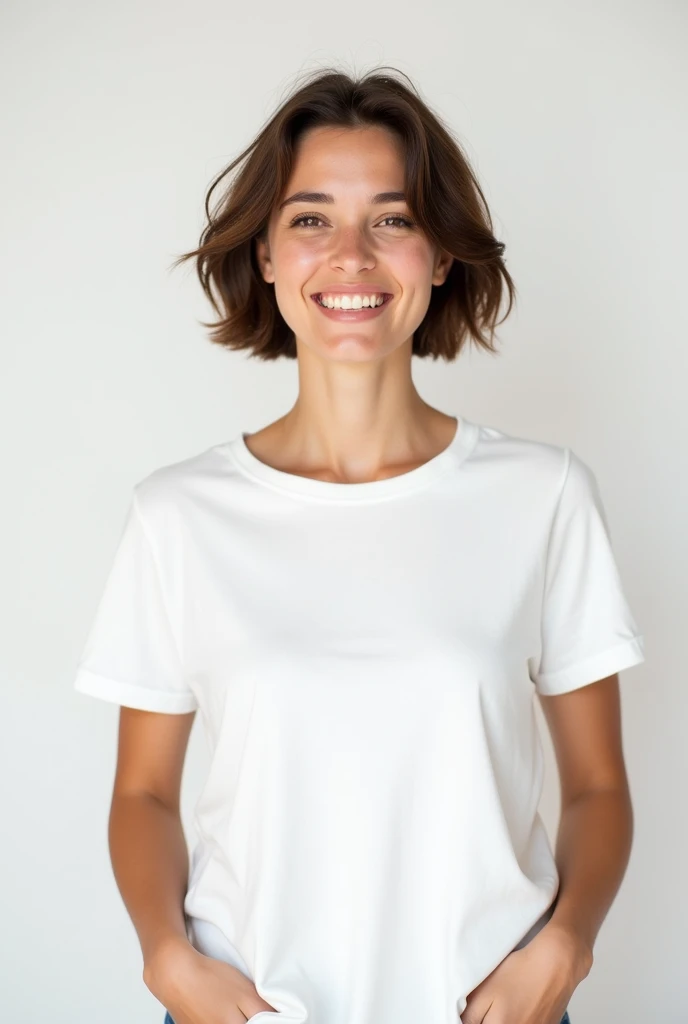 fair skin woman with short brown hair wearing a white cotton crew neck t-shirt baby look style with her hands in her pocket smiling happily white background