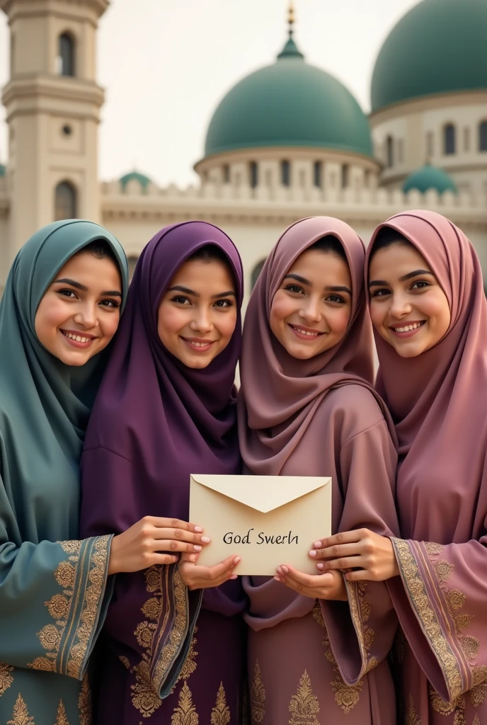 Four hijab girls of 18 years, wearing jewelleries, standing near the masjid, they are smiling,holding a envelope, write their names Munawara, Rabab, Humaira and Zareen on the envelope