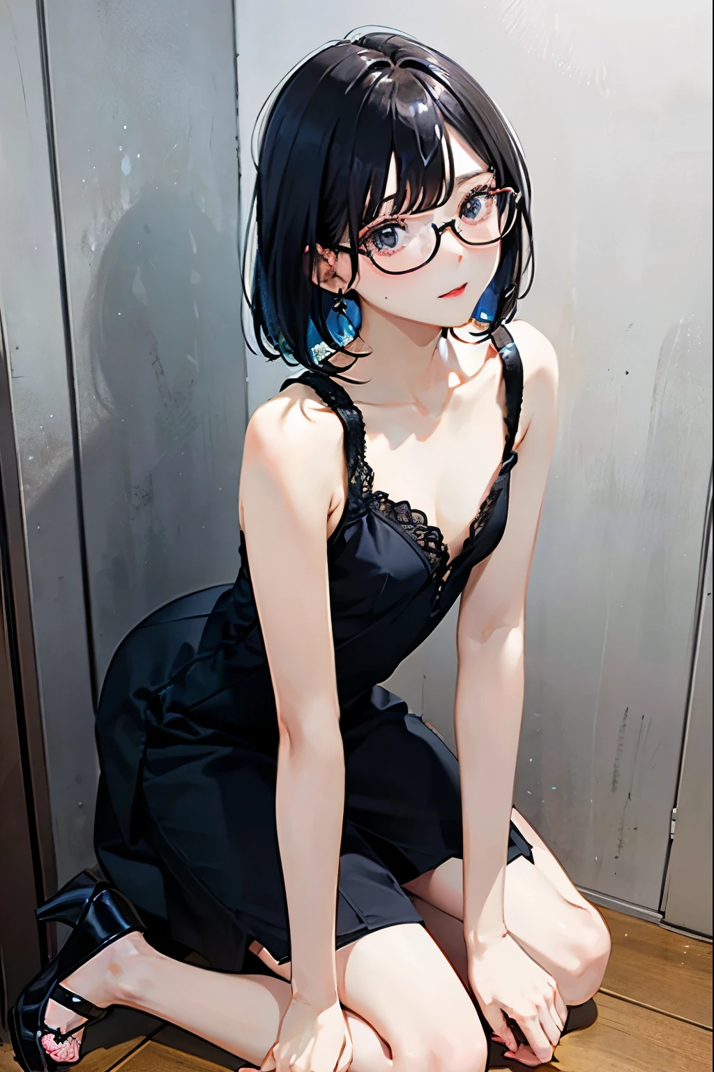 OL、2、slender、Glasses、Beauty、Bob Hair、Full body portrait、Dress up、Provocative、draw a thin line、Small breasts、Cool Beauty、cool