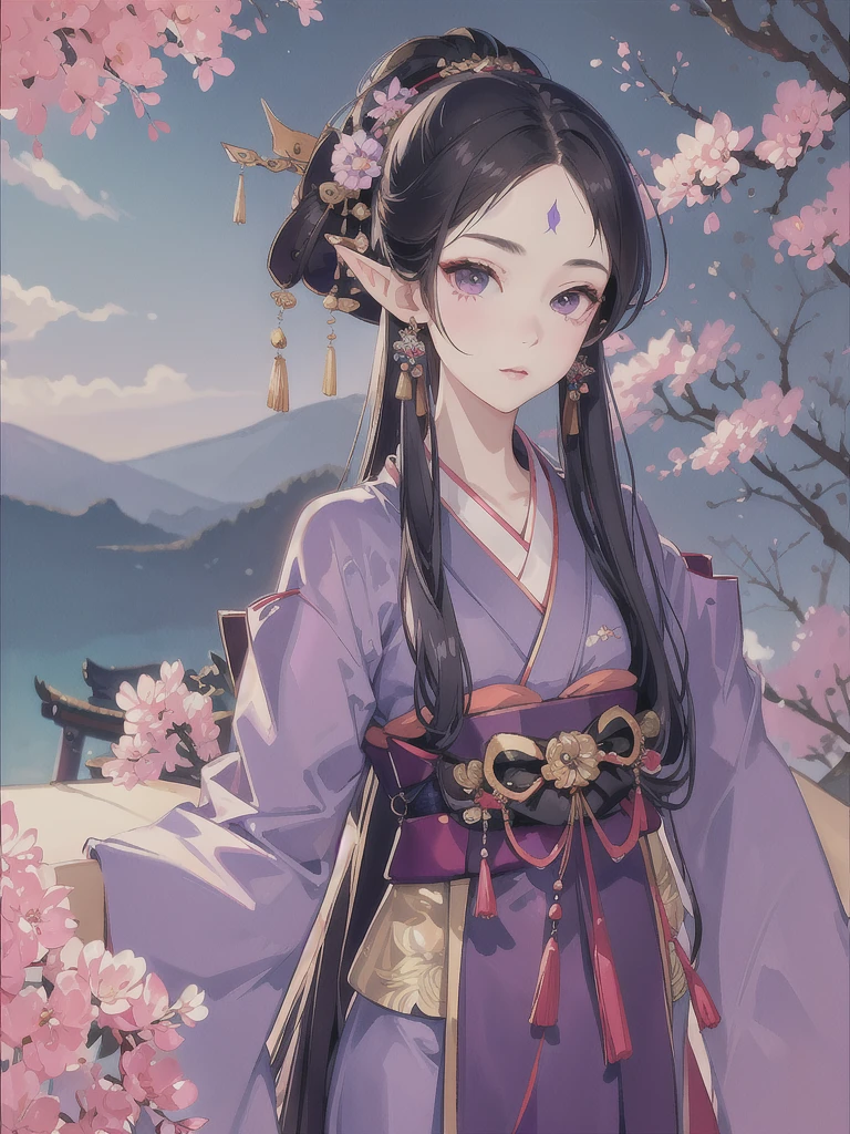 masterpiece, best quality, 1girl, ultra detailed, ultra high resolution, cute girl, long pointy ears, elf, nice face,black hair, puple eyes, HD, kimono, hakama, impressionism