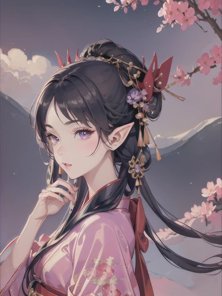 masterpiece, best quality, 1girl, ultra detailed, ultra high resolution, cute girl, long pointy ears, elf, nice face,black hair, puple eyes, HD, kimono, hakama, impressionism