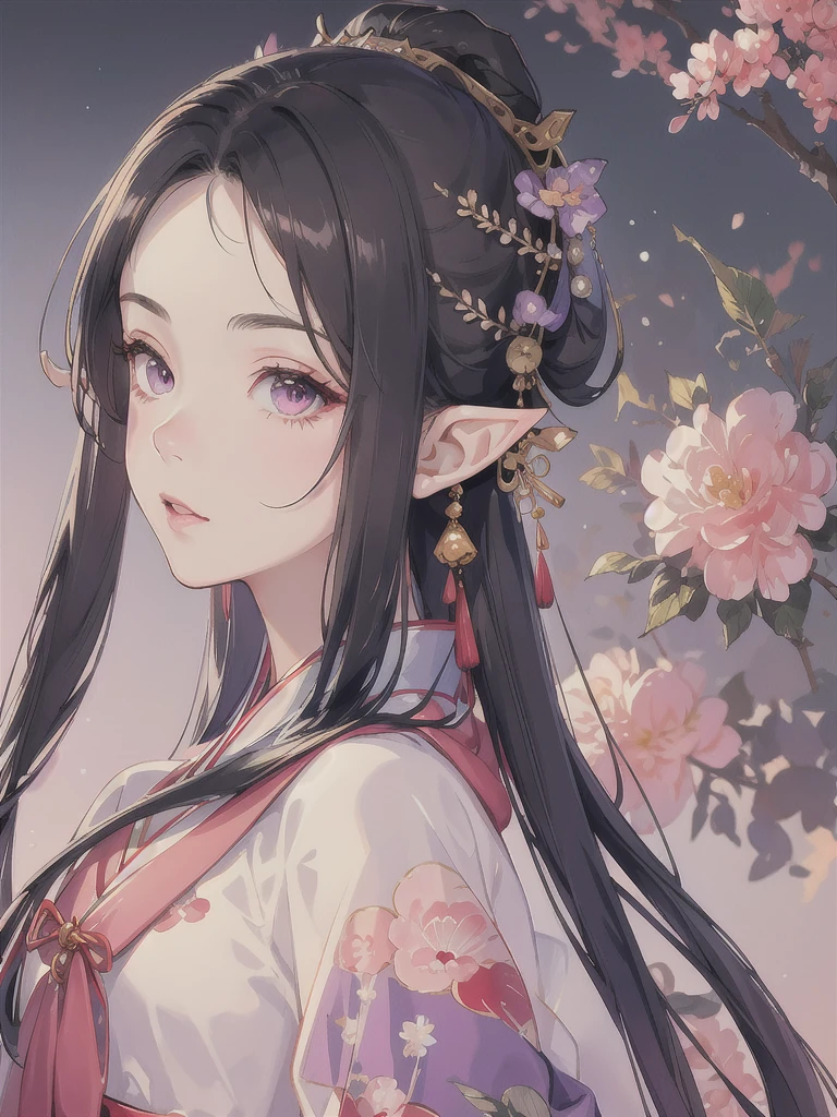 masterpiece, best quality, 1girl, ultra detailed, ultra high resolution, cute girl, long pointy ears, elf, nice face,black hair, puple eyes, HD, kimono, hakama, impressionism