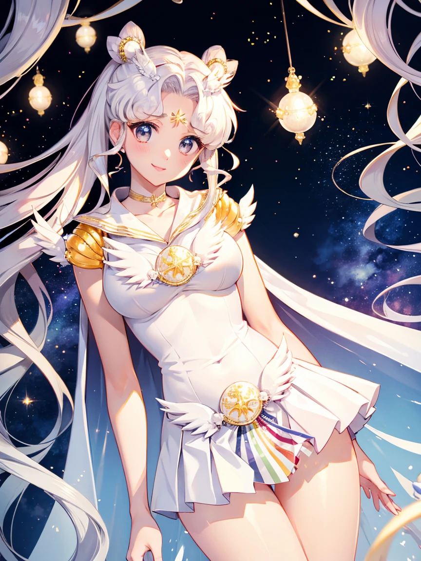 White Hair、Beautiful breasts、sexy、Sailor Cosmos、Transparent cloak、Mini Pleated Skirt、Cute Smile、