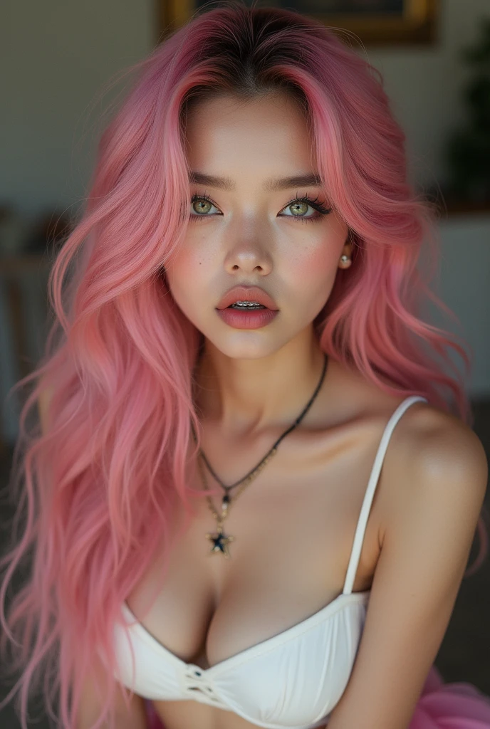One young woman, 21 years, e-gril, celebridade, role model, descendant of Korea and Ukraine, mix of Asian and European her appearance similar to Billie Eilish, Belle Delphine, hannah money. she has beautiful green eyes, thick eyeliner and big lashes. fleshy lips, Wear braces on your teeth. Your cheeks are beautiful, has freckles, strong makeup and pink blush. She is white, smooth porcelain skin. She has long pink hair, voluminous pink hair, pink hair between the eyes and pink bangs. His young body, slim, lowrise, but has big breasts, thin waist and wide hips. He has a charming way, fly away, beautiful young, charming girl, an internet princess, very focused, but has a problematic personality she is sexy, erotica, of lust, addicted to sex. She wears a pink pleated skirt and a white top.. um sexy, awarded photo, woman in a sexy dominant pose, breathtaking cinematic photo, photo of sexy movies, erotic, elegant seducing pose, very sexy pose, head in front of the camera, frontal image, Look to viewer, Attractive posing, bold poses, posing frontally, she is looking at the front of the camera, sensual woman. Image Settings -Resolution " 16K, ultra HD, high qualiy, realisitic, retina, artistic, precise, anatomically correcte, texturized skin, high détail, awardwinning, cinematic lighting, hdr smooth, sharp focus, Canon EOS R5, 35mm" -Composition "Close-Up " -Background "Indoor studio setting" -PhotographyStyle "lo fashion, editorial, magazine style" -ArtisticEffect "photorrealistic, Masterpiece artwork, high budget Hollywood movie feel, Cinemascope, epic, marvelous, film grain, plein-air, super realistico, super verbose" Other Settings -ModelPose "sitting down, looking directly at the viewer, "