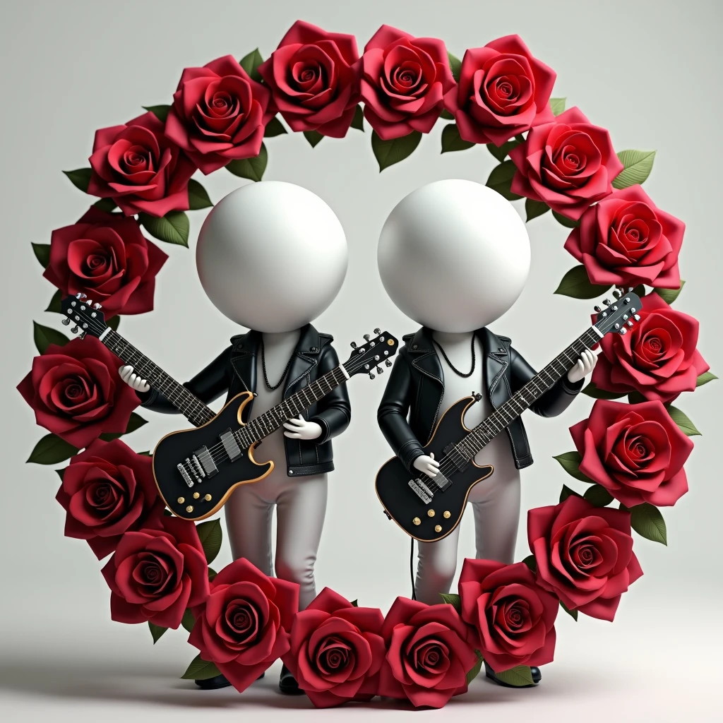 Create two characters that are chess pawns wearing a leather jacket and holding an electric guitar.. The head should be spherical without eyes similar to a real chess pawn and without legs like the base of a real chess pawn.. The base, head and hands should be white.... Surround the characters with a circular garland of red roses like the logo of the band Guns&#39;n Roses