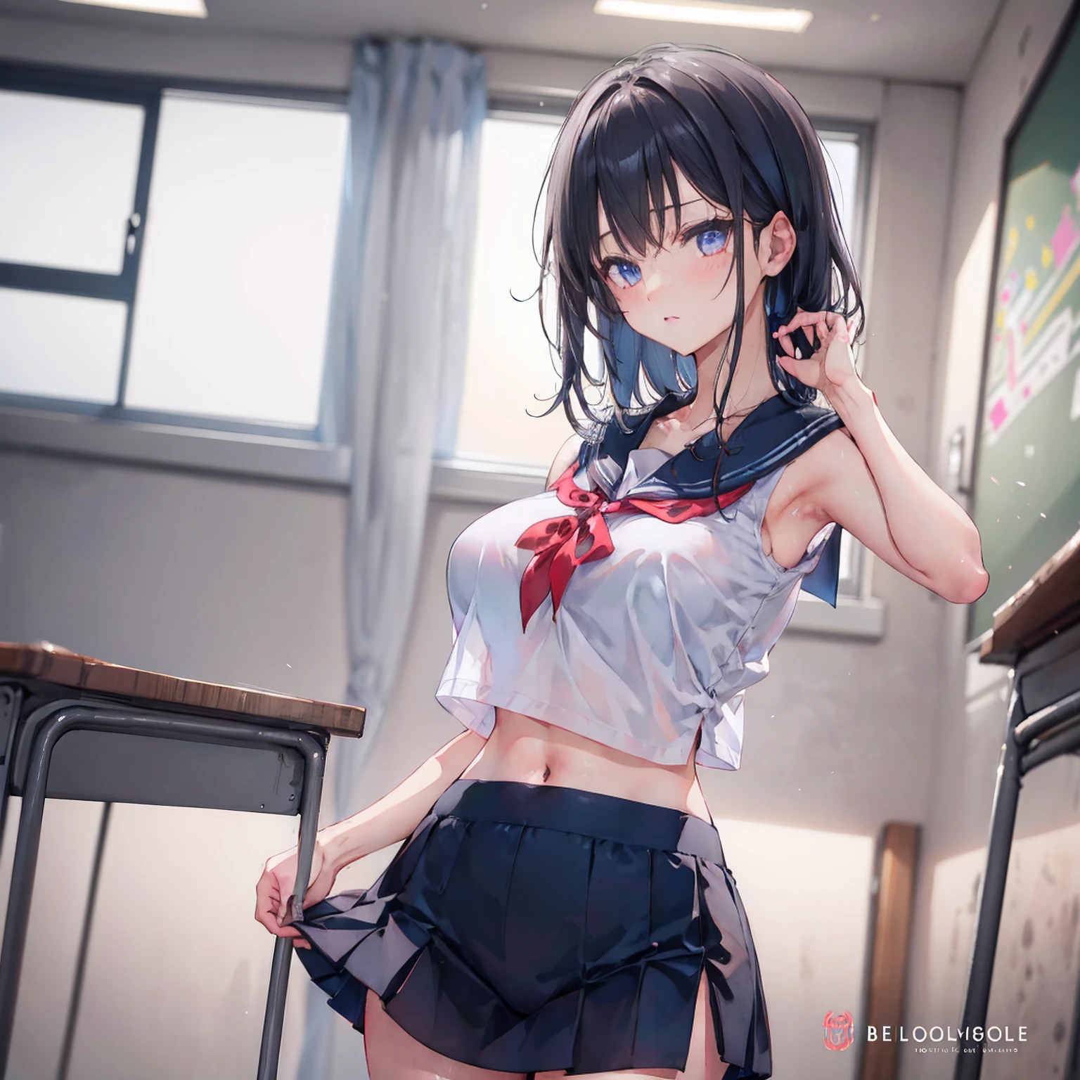 (((NSFW)))、((Masterpiece, Highest quality、Super detailed, Attention to detail))、Tabletop、girl、((high school girl、Black Hair、Short Hair、Slit eyes、Red Eyes、eight-headed body、Model-like style、Slender、School uniforms))、(White Shirt、Black Skirt、Black knee-high socks、Black Loafers)、Silver earringultiple silver accessories、Silver Ring、Silver Ring、bandギャル、(((Red electric guitar)))、(((地下のliveハウス、live、band、Dim lighting、Standing and playing guitar)))、((live中、Playing the guitar、In front of the audience))、((No bra、No underwear))、(((Sweating a lot、Sweat dripping、Sweat vapor)))、(((Body odor、odor)))、((汗odor、Clothes get wet、Sweat stains))、((Love juice overflows from the vagina))