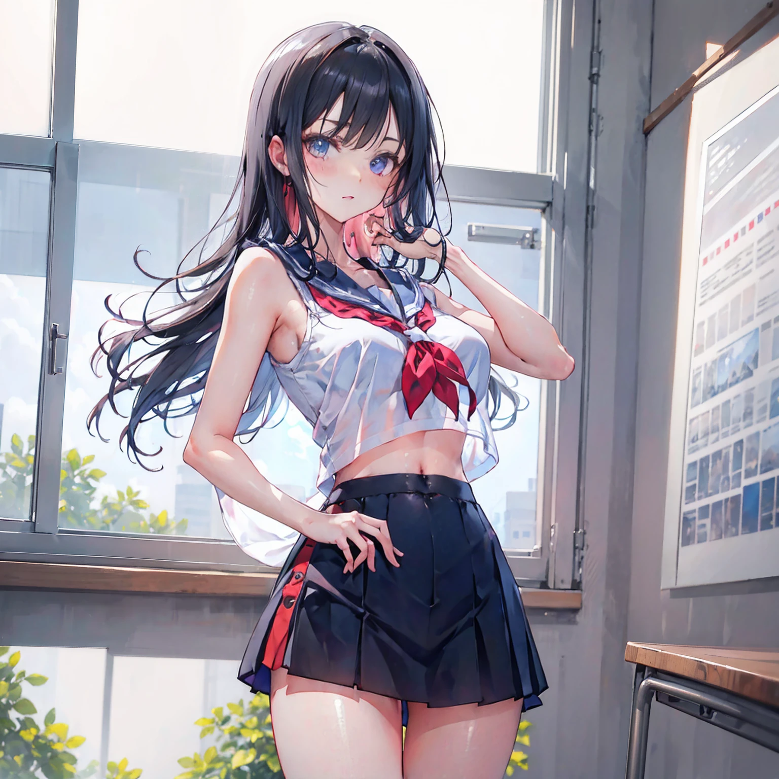 Anime Waifu beautiful detailed eyes, beautiful detailed lips, extremely detailed eyes and face, longeyelashes, 1girl, sensual, young woman, medium breasts, beautiful feminine face, nice thighs, slim, sexy, erotic, beautiful clothes, perfect body, cinematic lighting and framing, (best quality,4k,8k,highres,masterpiece:1.2),ultra-detailed,digital painting,portrait,glamorous,highly detailed,soft lighting,warm color tones Perfect human body，1 girl， (very highly detailed background，‎Classroom), clavicle，Sleeveless sailor suit，navel，Low-rise miniskirt，((woman with fever)), ((perspired，college aged))), Colossal ，Indecent expressionlush blush:1.2),Pubic hair shows through，Next to him stood a man，Man taking photo of girl，，