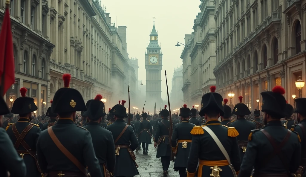 a chaotic city of london in 1802, soldiers marching through the streets, highly detailed, cinematic composition, dramatic lighting, muted color palette, realistic, award winning photograph
