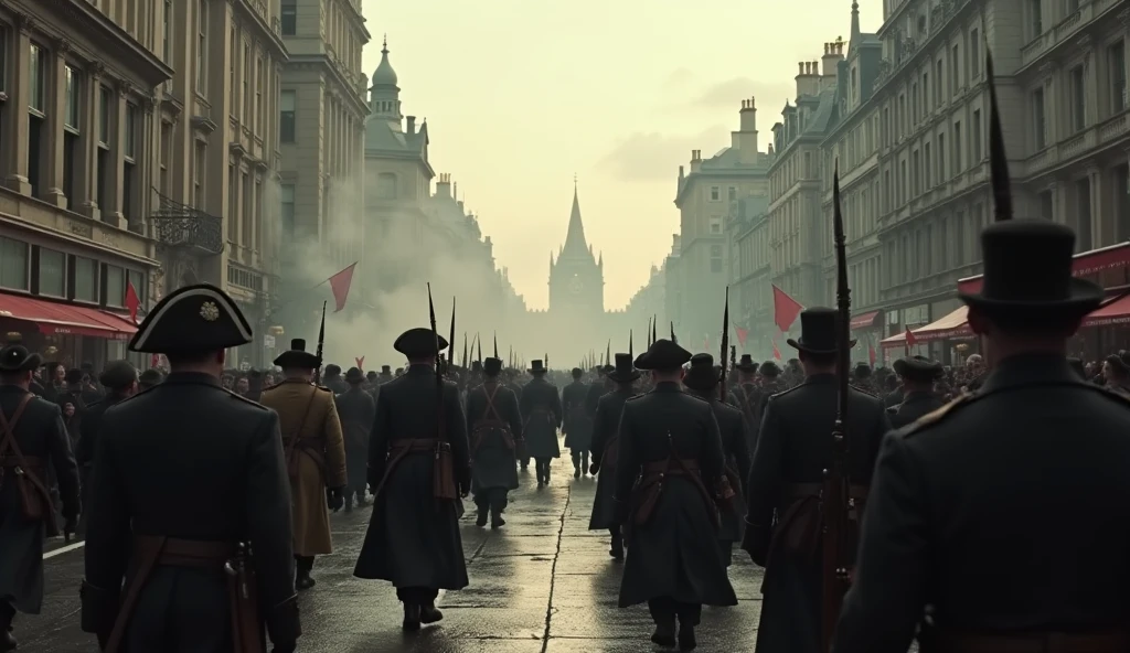 a chaotic city of london in 1802, soldiers marching through the streets, highly detailed, cinematic composition, dramatic lighting, muted color palette, realistic, award winning photograph