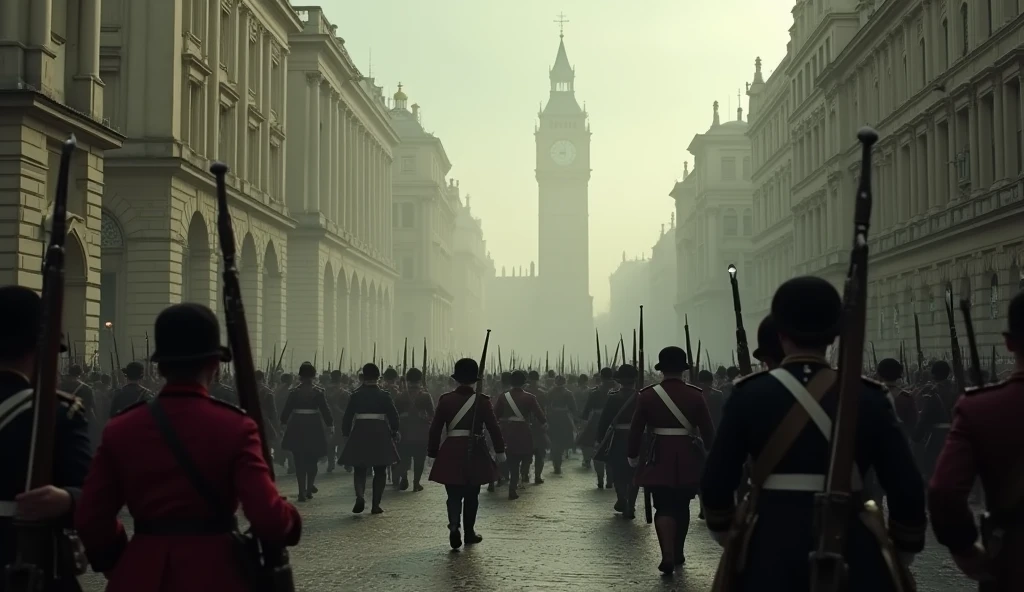a chaotic city of london in 1802, soldiers marching through the streets, highly detailed, cinematic composition, dramatic lighting, muted color palette, realistic, award winning photograph